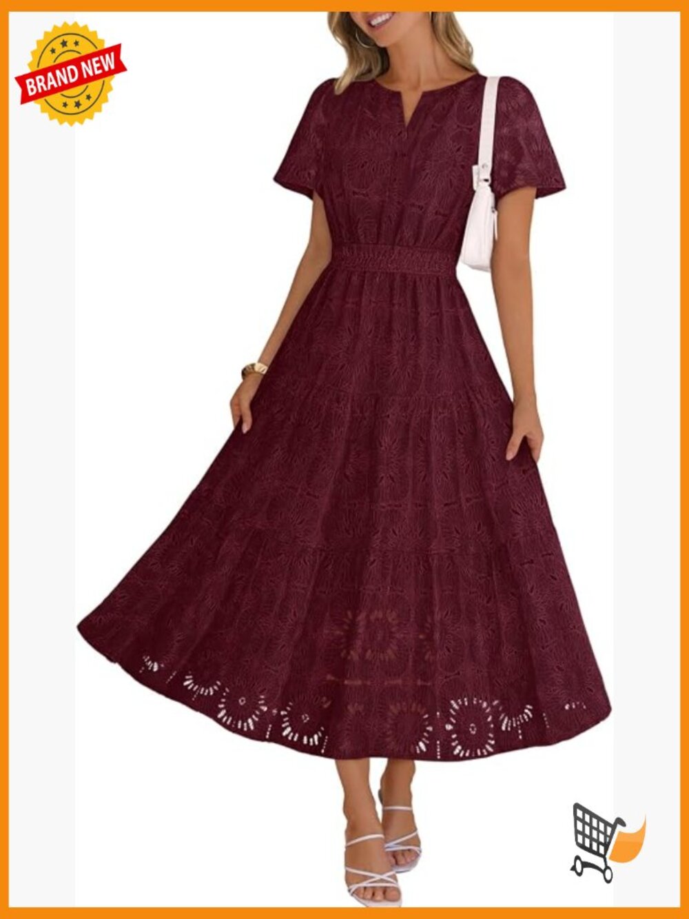 Women's Summer Boho Floral Maxi Dress Eyelet Lace Short Sleeve A Line - Picture 1 of 7